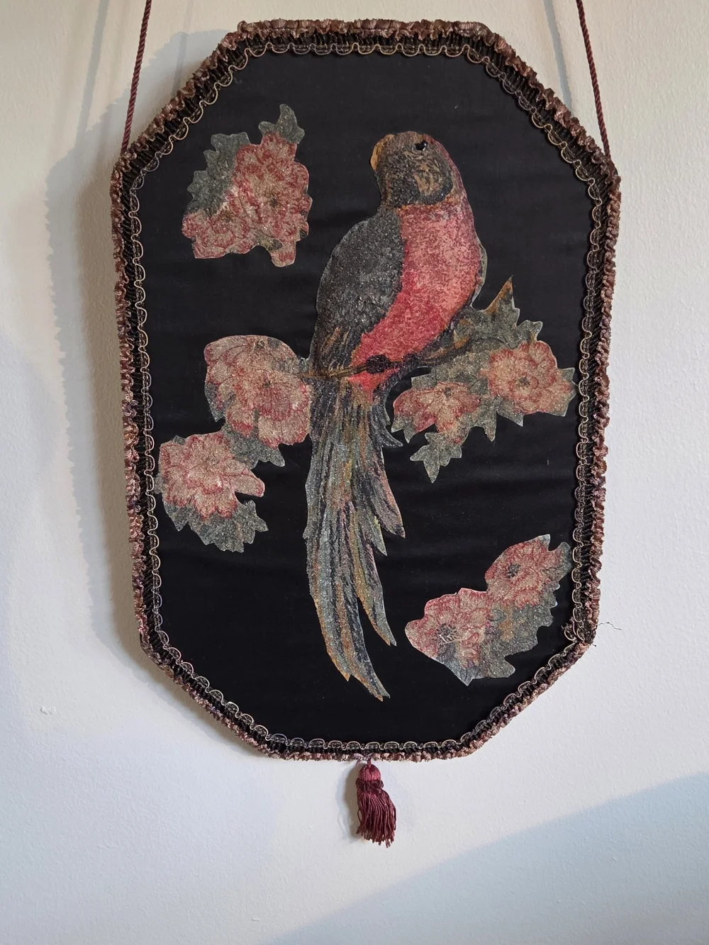Decorative Black Velvet Bird Wall Hanging with Pink and Brown Embroidery